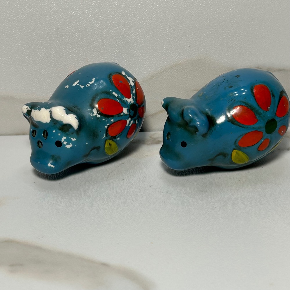 Vintage Blue Ceramic Pig Salt and Pepper Shakers Hand Painted Floral Set